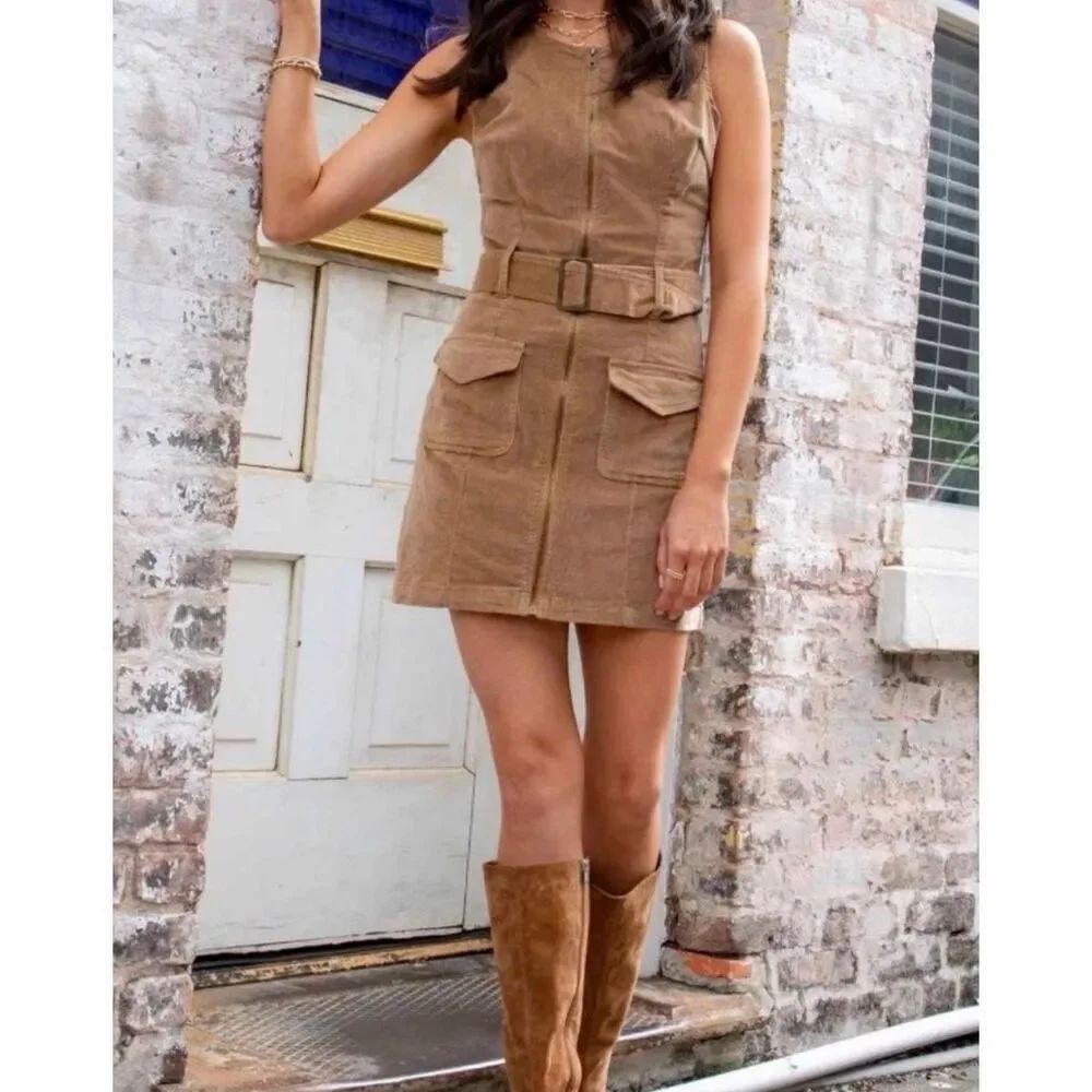 Rewash Corduroy Belted Cargo Dress Tan Size Large